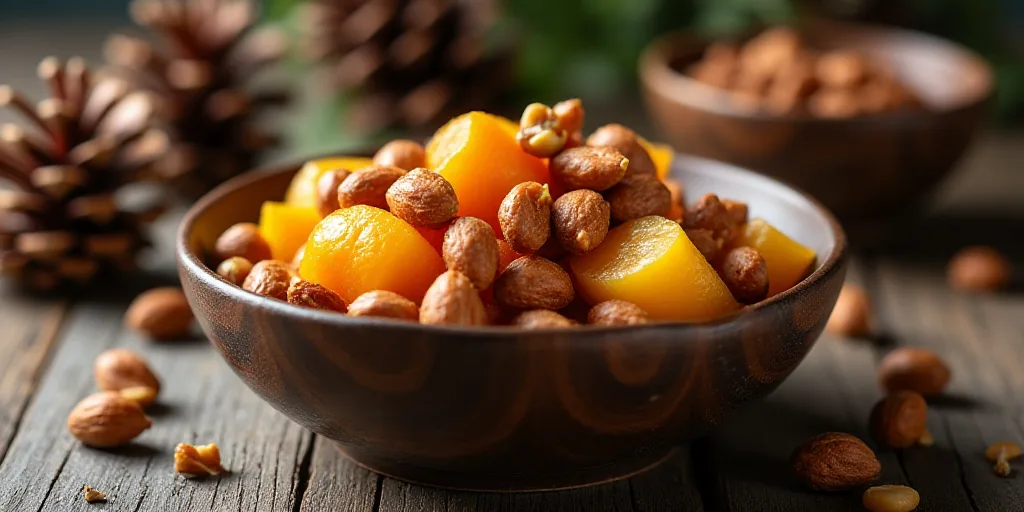 a bowl of fruit and nuts on a table with pine cones and pine cones in the background and a pine cone
