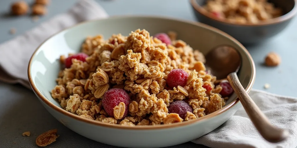 a bowl of granola next to a bowl of granola on a table top with a napkin and a bowl of granola, Flor