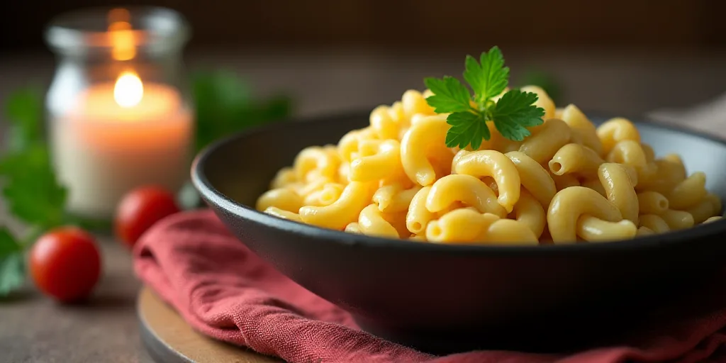 a bowl of macaroni salad with a garnish of parsley on a table with a candle, Bela Čikoš Sesija, pr