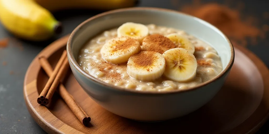 a bowl of oatmeal with cinnamon and bananas on a wooden plate with cinnamon sticks and cinnamon stic