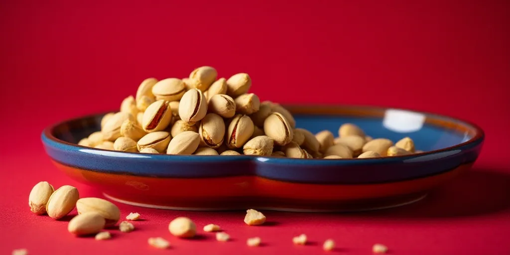 a bowl of pistachios on a red table top with a blue border around it and a red and blue bowl with a