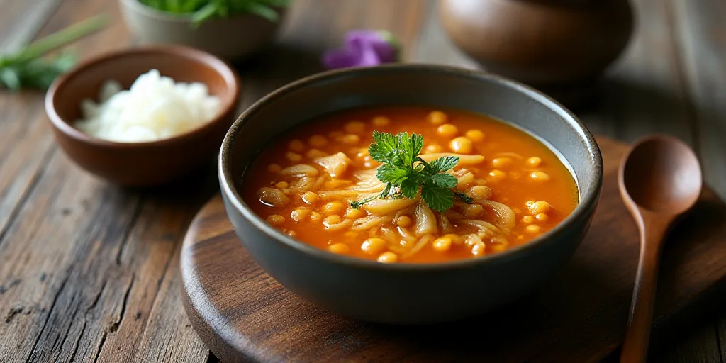a bowl of soup next to a bowl of onions and a spoon on a table with a flower and a wooden spoon, Bye
