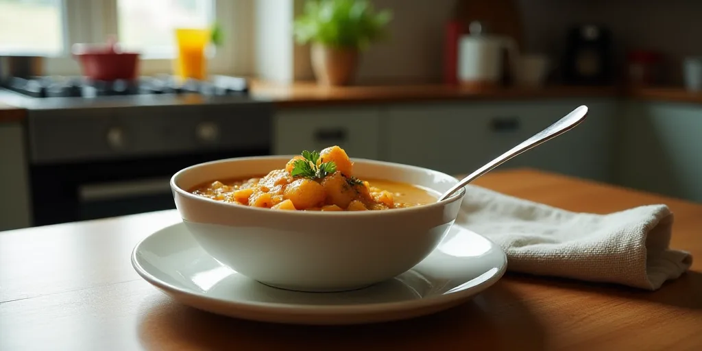 a bowl of soup with a spoon and a napkin on a table in a kitchen with a stove and a window, Chippy,