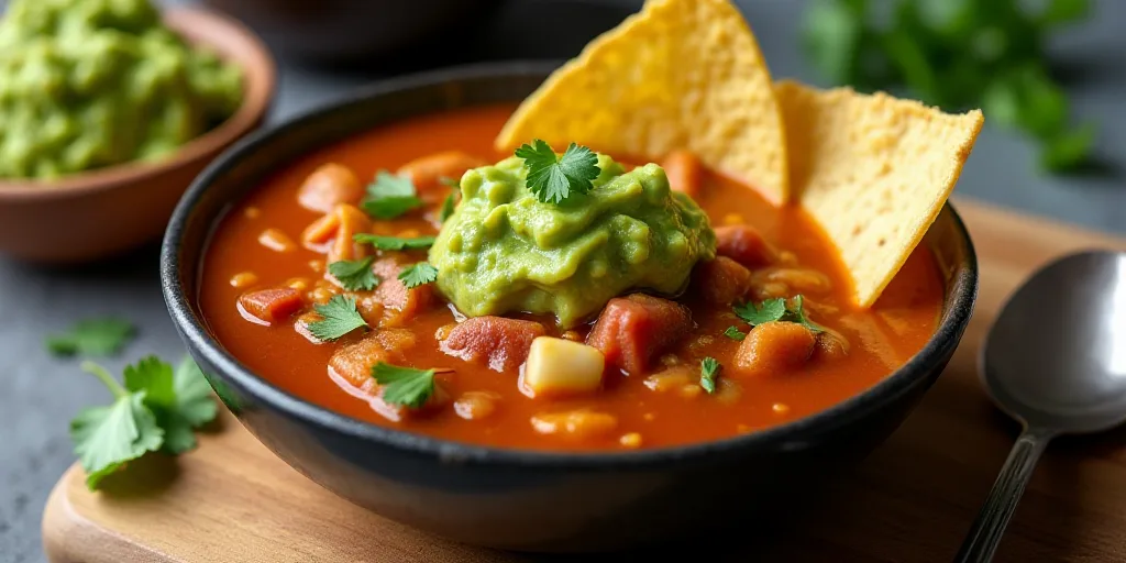 a bowl of soup with tortilla chips and guacamole on a cutting board with a spoon, Altichiero, profes