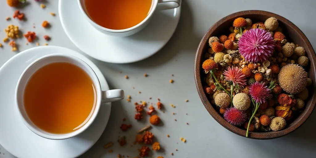 a bowl of tea, a cup of tea, and a bowl of dried flowers on a table top, Elinor Proby Adams, profess