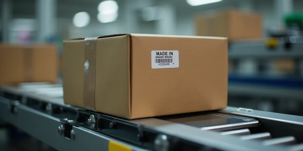 a box that is sitting on a conveyor belt with a box on top of it that says made in china, Beeple, de