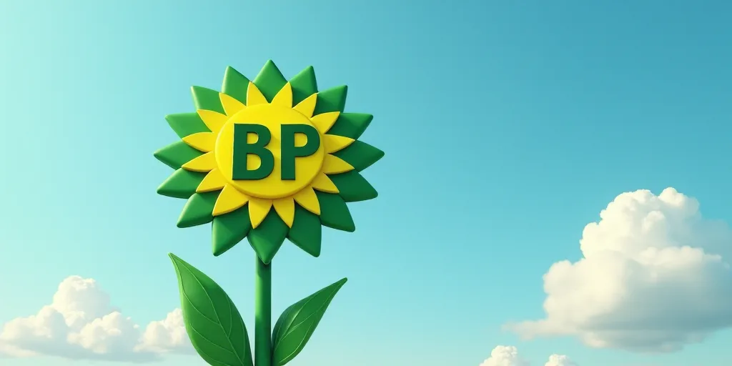 a bp gas station sign with a blue sky in the background and a green and yellow flower on the side, B