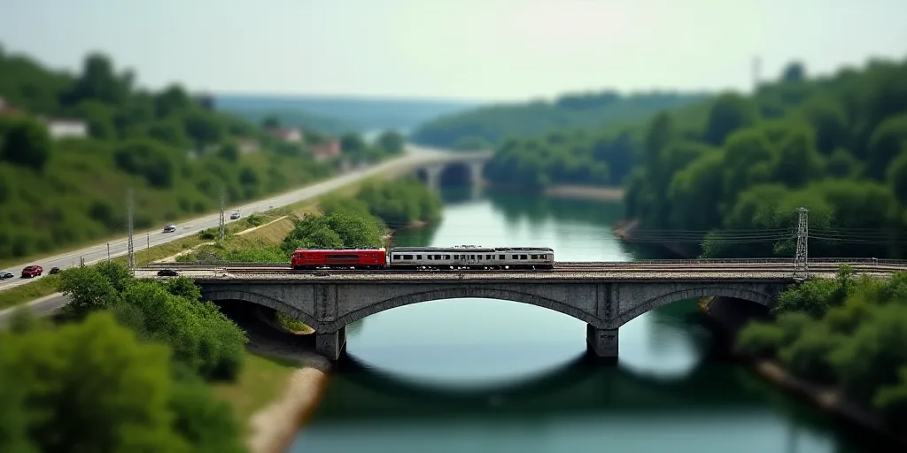 a bridge over a river with a train on it's tracks above the water and a highway going over it, Almad