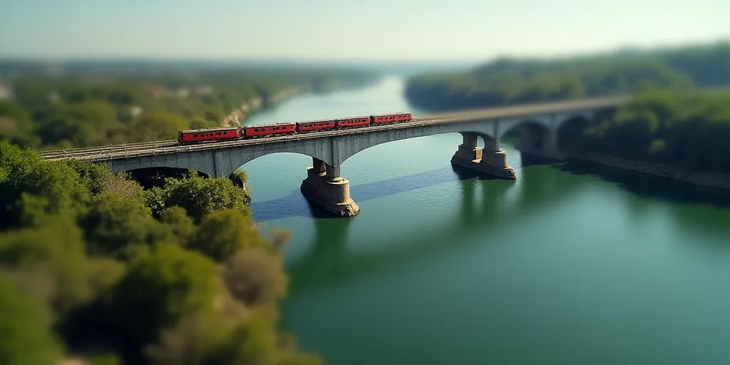 a bridge over a river with a train on it's tracks above the water and a highway going over it, Almad