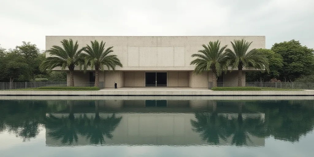 a building with a fence and trees in front of it and a reflection of the building on the water, Carl