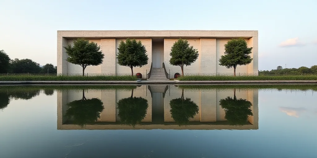 a building with a fence and trees in front of it and a reflection of the building on the water, Carl