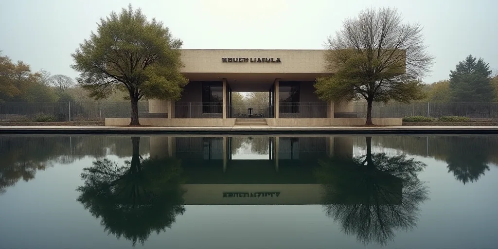 a building with a fence around it and trees in front of it and a reflection of the building on the w