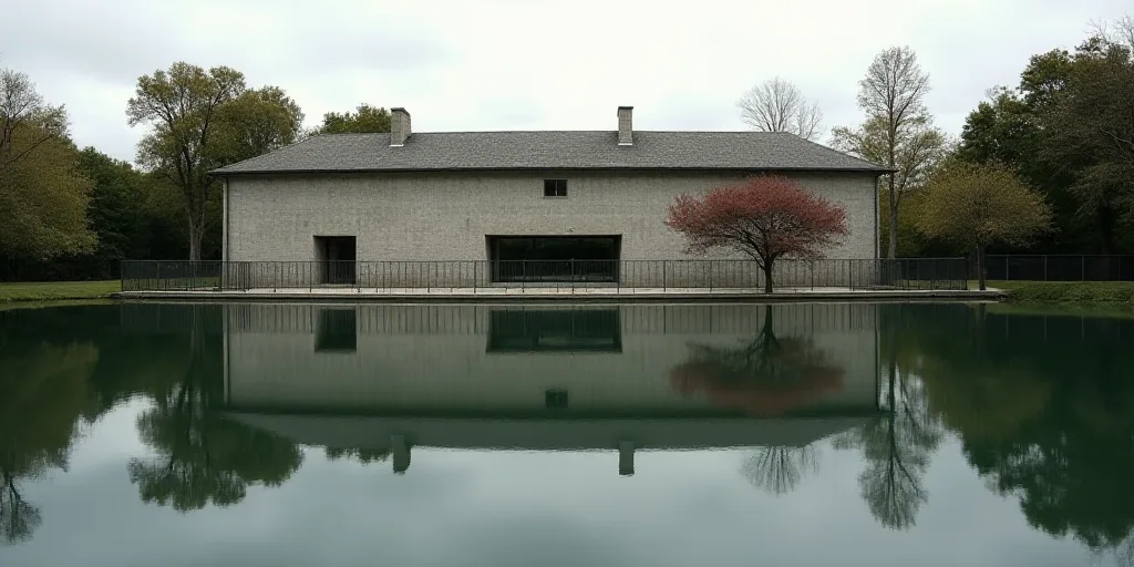 a building with a fence around it and trees in front of it and a reflection of the building on the w