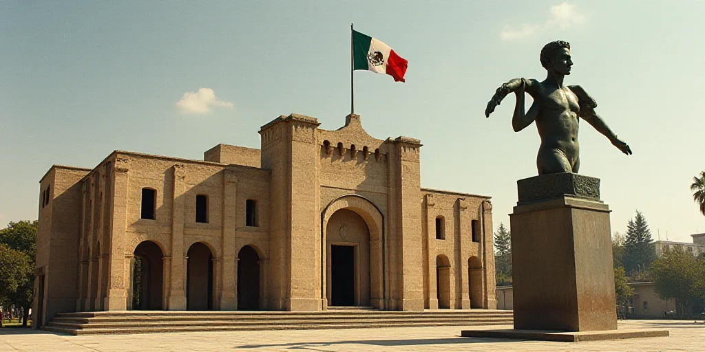 a building with a flag flying in front of it and a flag flying in the background with a mexican flag