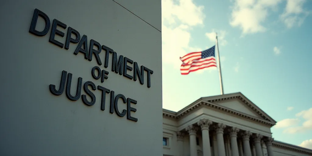 a building with a flag flying in the background and a sign that says department of justice on the si