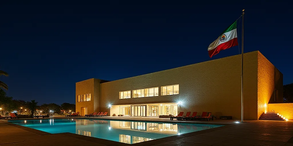 a building with a flag flying in the air at night time with a pool in front of it and a building wit