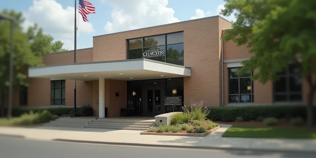 a building with a flag hanging from the side of it's front entrance and a wells sign on the outside,