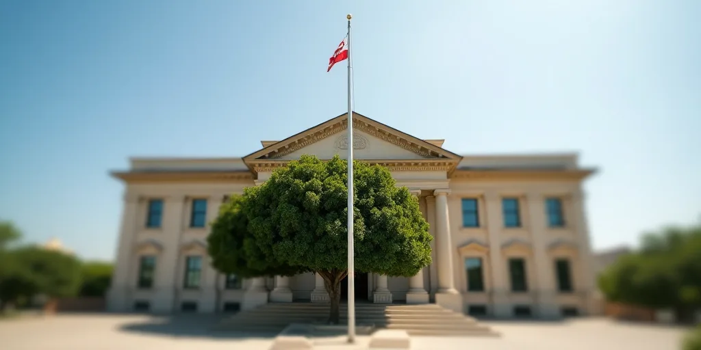 a building with a flag on top of it and a flag pole in front of it and a tree in front of it, Carlos