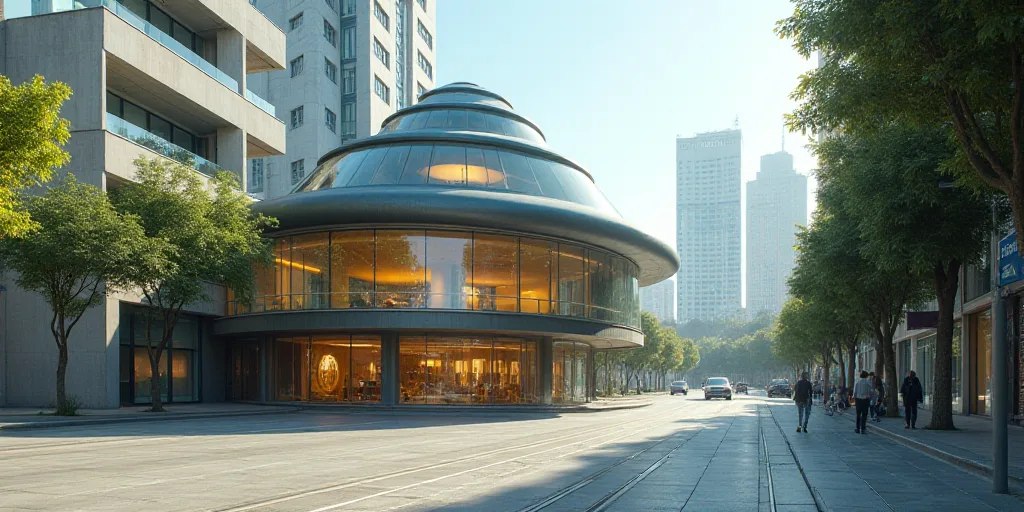 a building with a glass dome on top of it in a city street with tall buildings in the background, Ca
