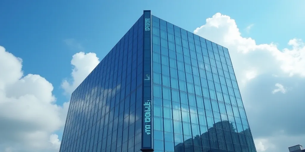 a building with a glass facade and a blue sky with clouds in the background and a telerofocal logo o