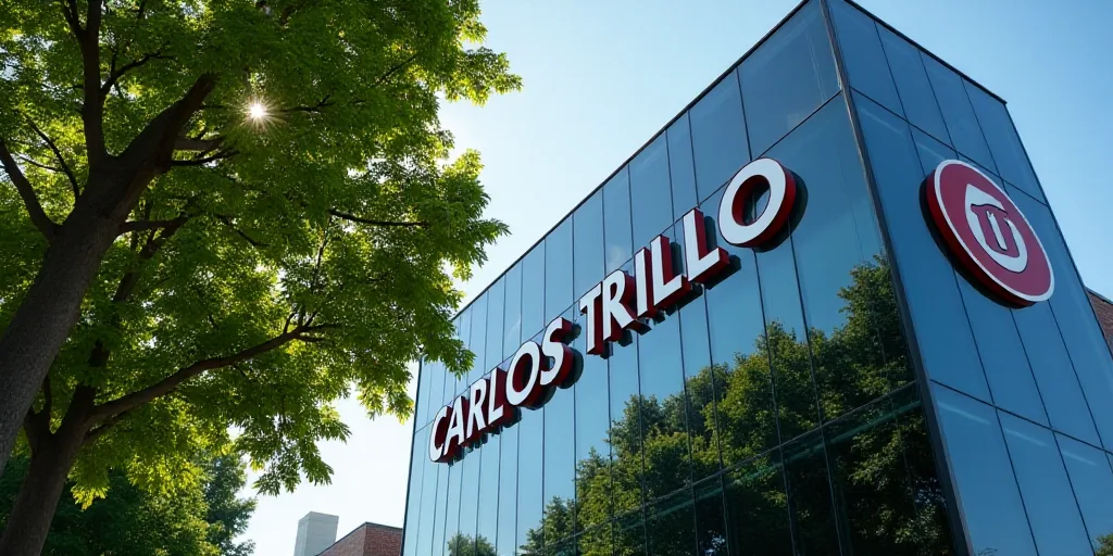 a building with a glass facade and a logo on it's side, with a tree in the foreground, Carlos Trillo