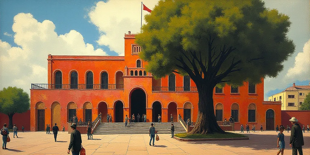 a building with a lot of people walking around it and a tree in front of it and a few people walking