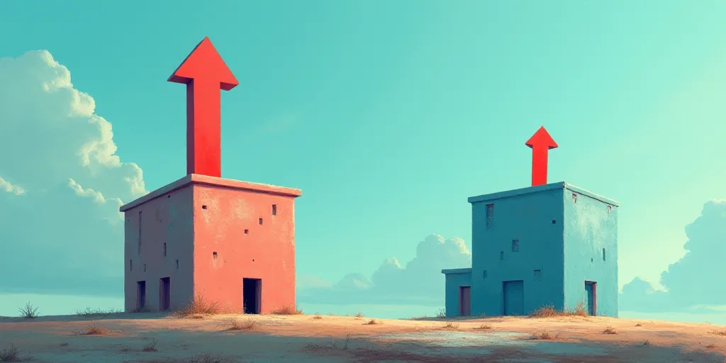 a building with a red arrow pointing up at it's center and a blue building with a red arrow pointing