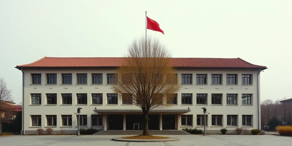 a building with a red flag on top of it's roof and a tree in front of it, Cui Bai, symmetric balance