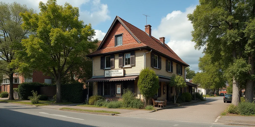 a building with a sign on the front of it and trees in front of it and a sign for a restaurant, Engu