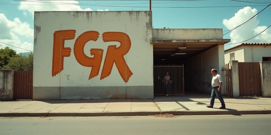 a building with a sign that says fgr on it's side and a man walking in front of it, Federico Uribe,