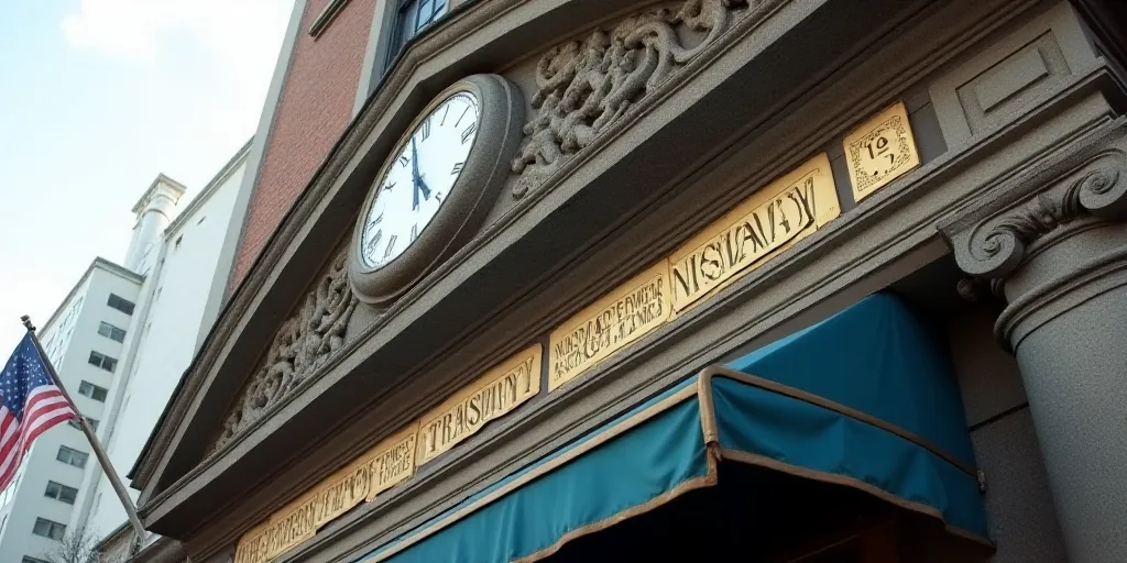 a building with a sign that says the department of the treasury on it's side and a clock on the outs