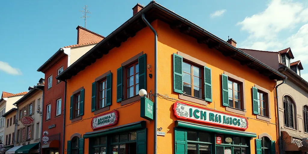 a building with a sign that says rich ratingss on it's side and a clock on the side of the building,