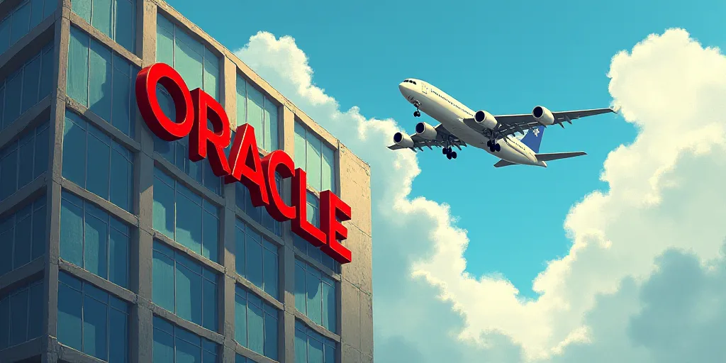 a building with a sign that says oracle on it's side and a plane flying in the background, Darrell R