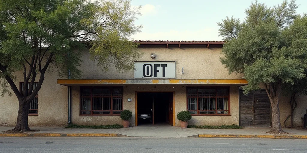 a building with a sign that says offt on it and trees in front of it and a building with a sign that