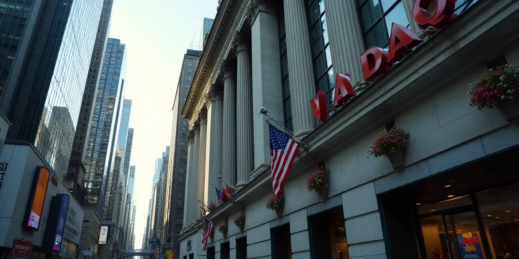 a building with a sign that says nasdaq on it's side and a clock on the side of the building, Andrie