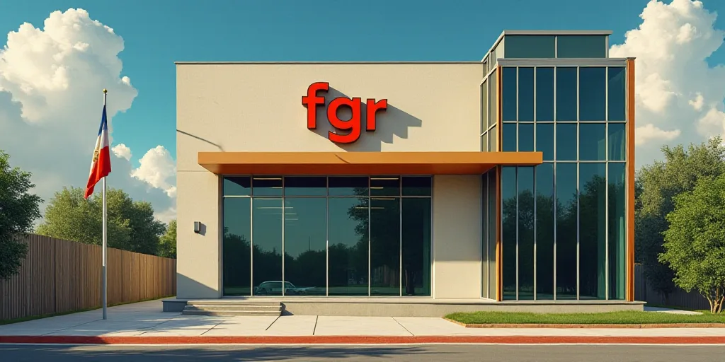 a building with a sign that says fgr and a flag hanging from the side of it's glass wall, Federico U