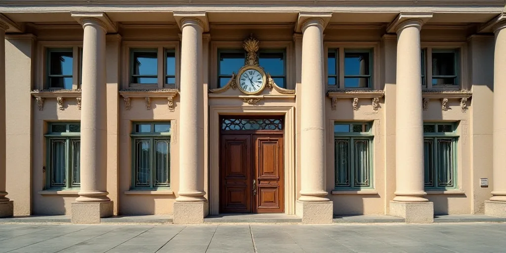a building with columns and a clock on the front of it's door and windows on the second floor, Carlo