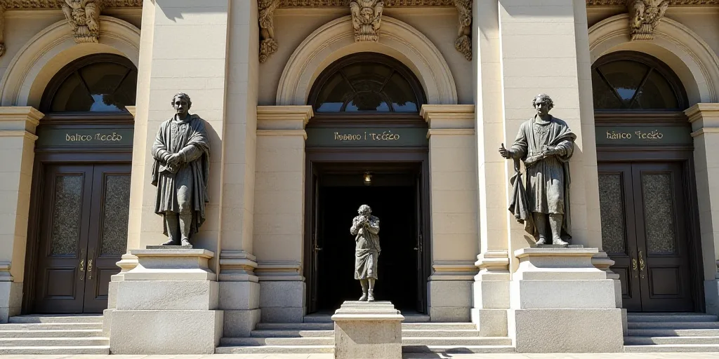 a building with statues of people on the front of it and a sign that says banco - teco, Carlos Franc