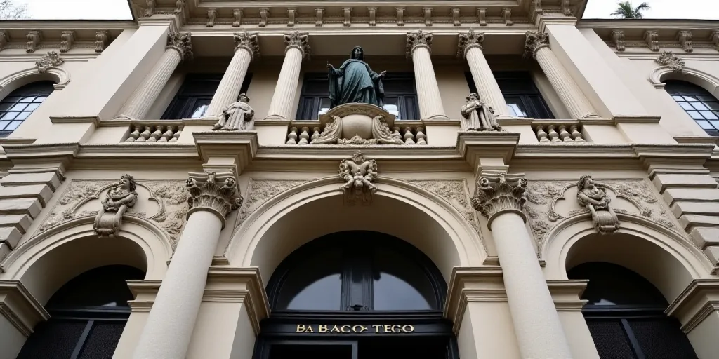 a building with statues of people on the front of it and a sign that says banco - teco, Carlos Franc