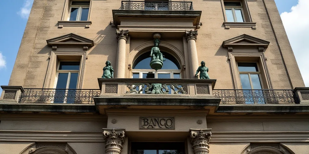a building with statues on the front of it and a balcony above it that says banco - metico, Carlos F