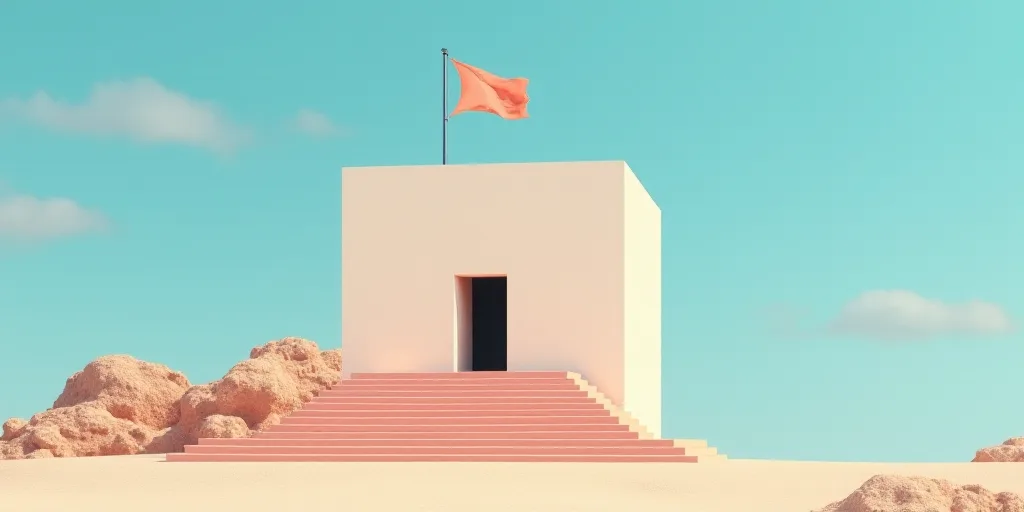 a building with steps leading to it and a flag flying in the background on a sunny day with a blue s
