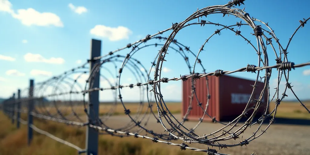 a bunch of barbed wire with a container in the background on a sunny day with a blue sky in the back
