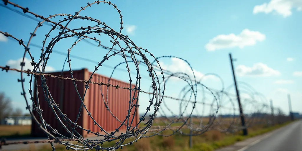 a bunch of barbed wire with a container in the background on a sunny day with a blue sky in the back