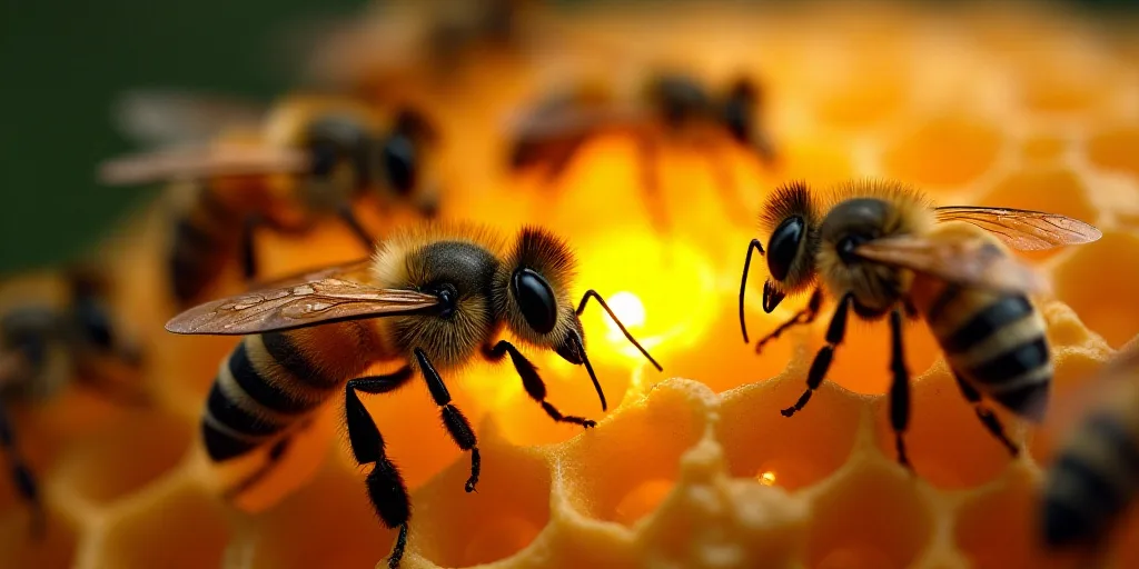a bunch of bees are on a honeycomb with a light on it's center and a few bees on the other side, Chr