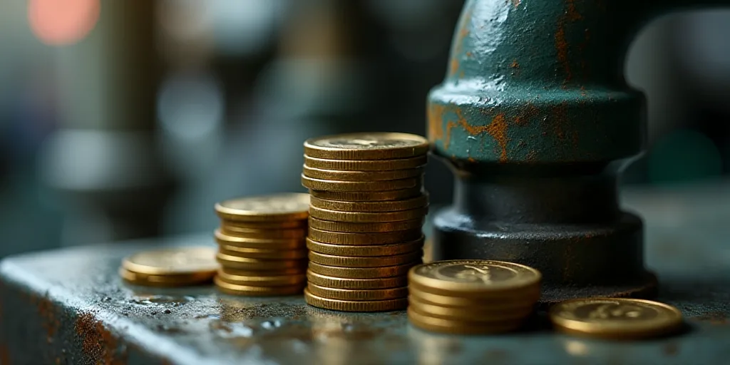 a bunch of coins sitting on top of a metal rack next to a pipe of water and a pipe of water, Andries