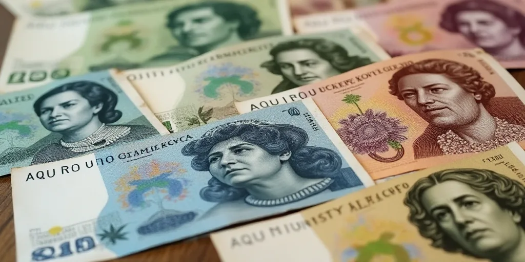 a bunch of different bills with different faces on them, including one of them is a man and a woman,