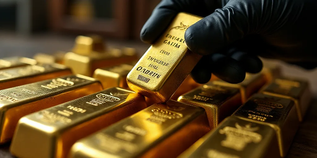 a bunch of gold bars are on a table with a gloved hand holding one of them up to the camera, Enguerr