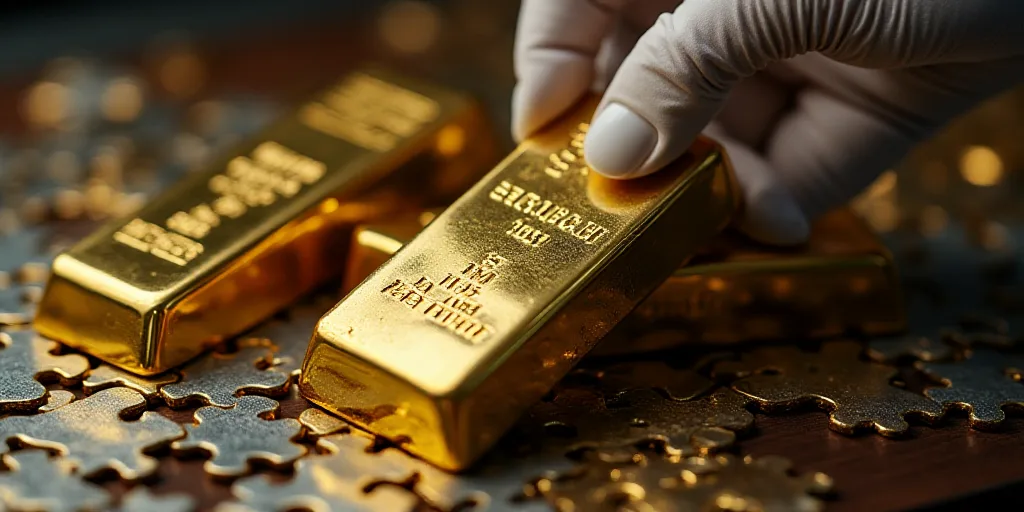 a bunch of gold bars are on a table with a gloved hand holding one of them up to the camera, Enguerr