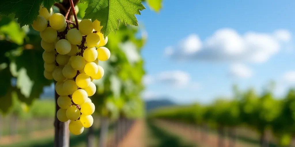 a bunch of grapes hanging from a vine in a vineyard with a blue sky in the background and a few clou