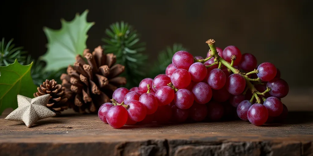 a bunch of grapes sitting on top of a wooden table next to a pine cone and christmas decorations on